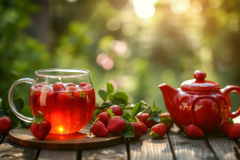 A transparent glass cup with strawberry tea stands on a wooden table.