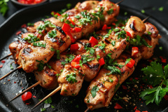 grilled chicken on kabob with tomatoes and thyme on a wooden board