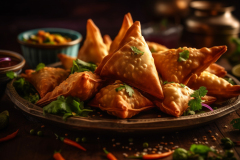 Deep fried samosas and dumplings, gourmet appetizer generated by AI
