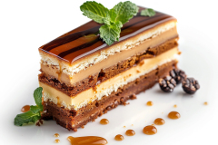 a piece of cake with chocolate, caramel and mint