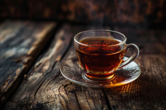 a cup of black tea on a wooden background