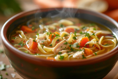 A steaming bowl of chicken noodle soup, brimming with tender chicken, veggies, and comforting broth.